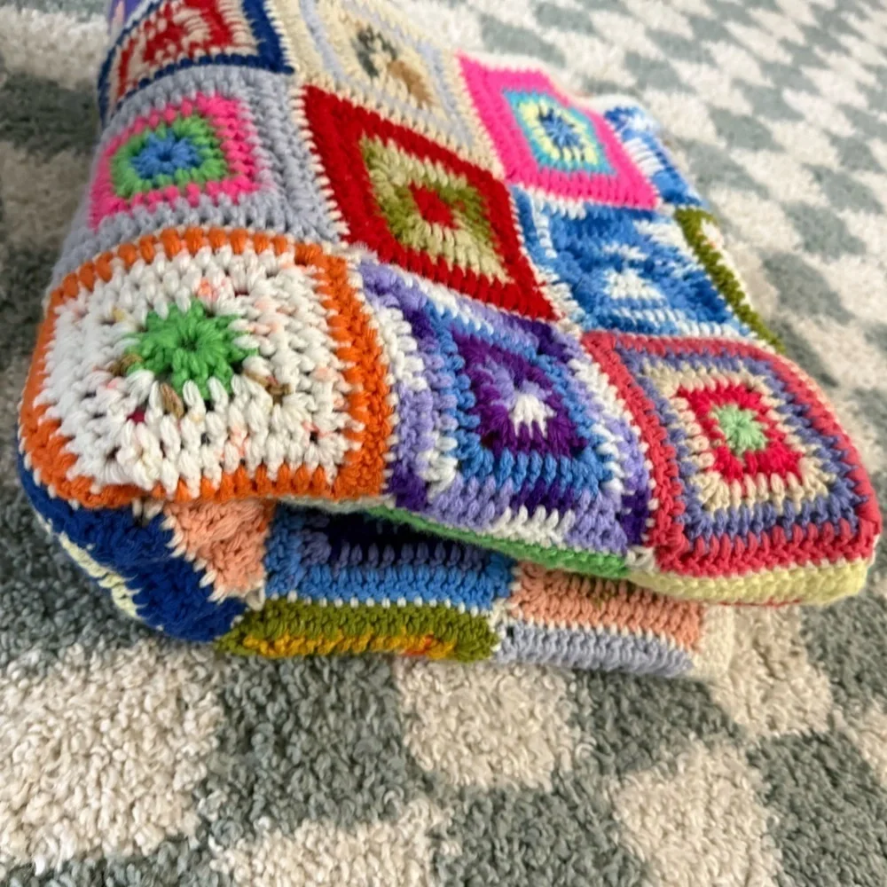 VTG Granny Square Blanket Afghan Crochet Hand Made Patchwork Multi Color Amish